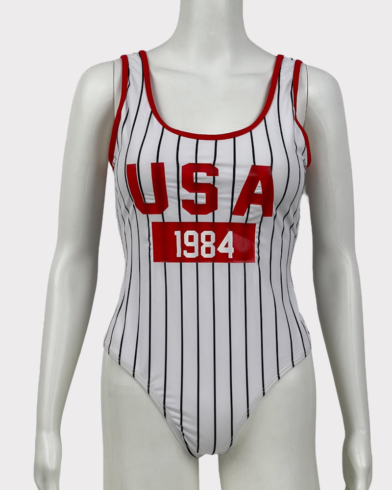 White Striped USA 1984 One Piece Swimsuit (M)