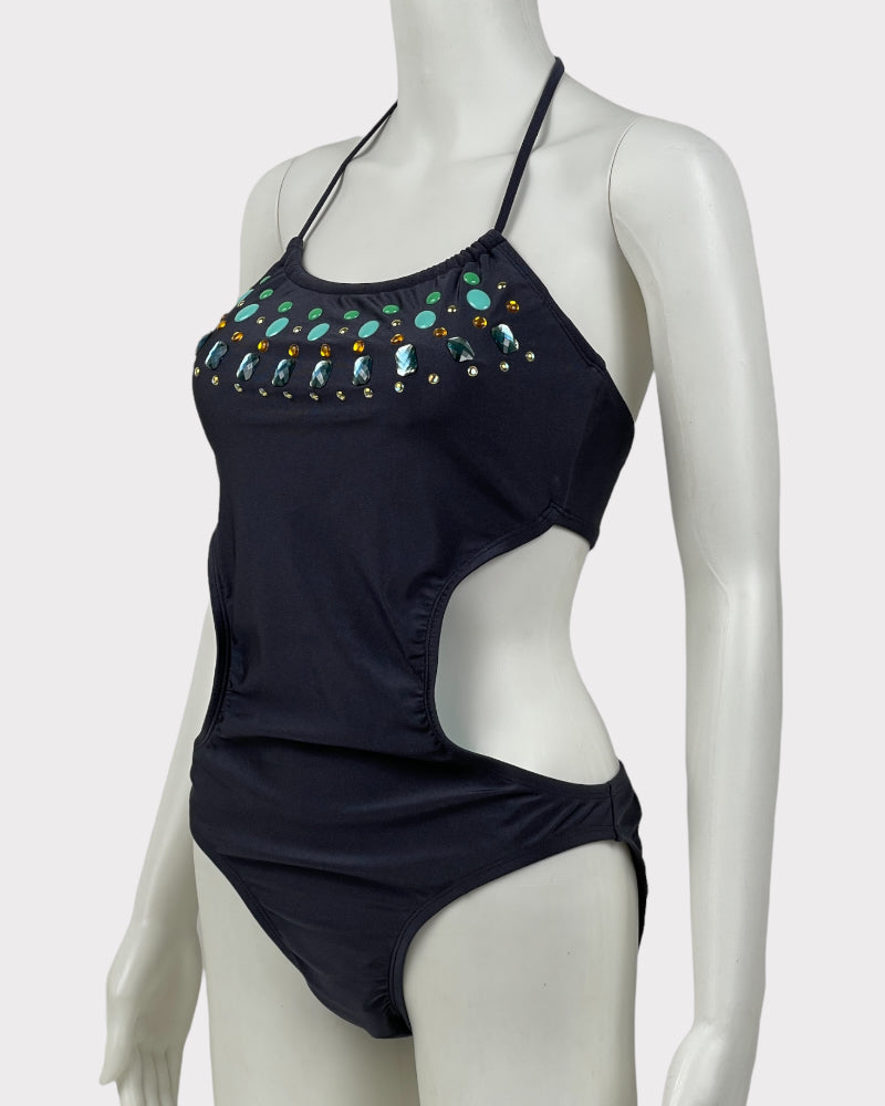 Xhilaration Blue Gem Stone Detail Backless Swimsuit (L)