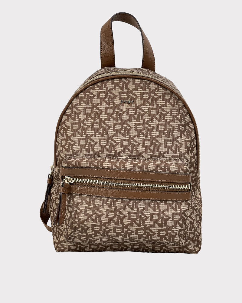 DKNY Brown And Beige Signature Print Backpack Bag