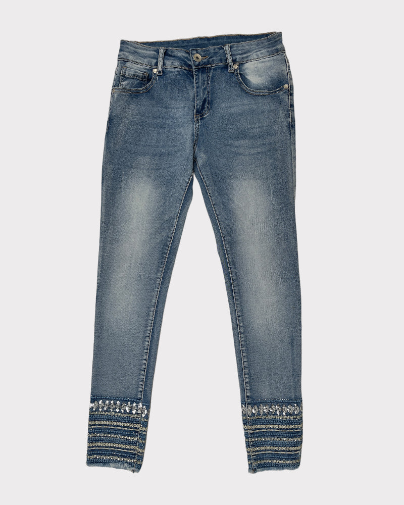 M Denim Light-Wash Blue Skinny Jeans With Gemstone Detail (W25)