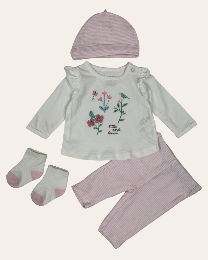 Carter's Girls 4 Piece Set - Top, Pants, Beanie, Socks (NB)