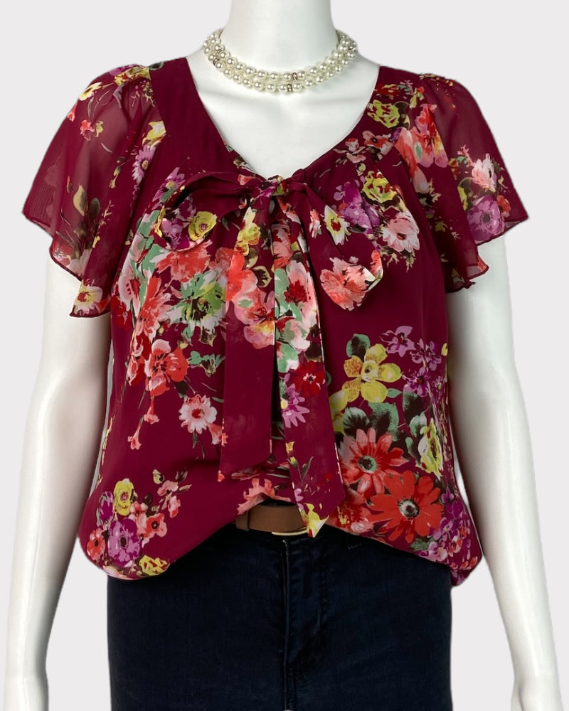 Sara Michelle Short-Sleeve Maroon Floral Top (S)