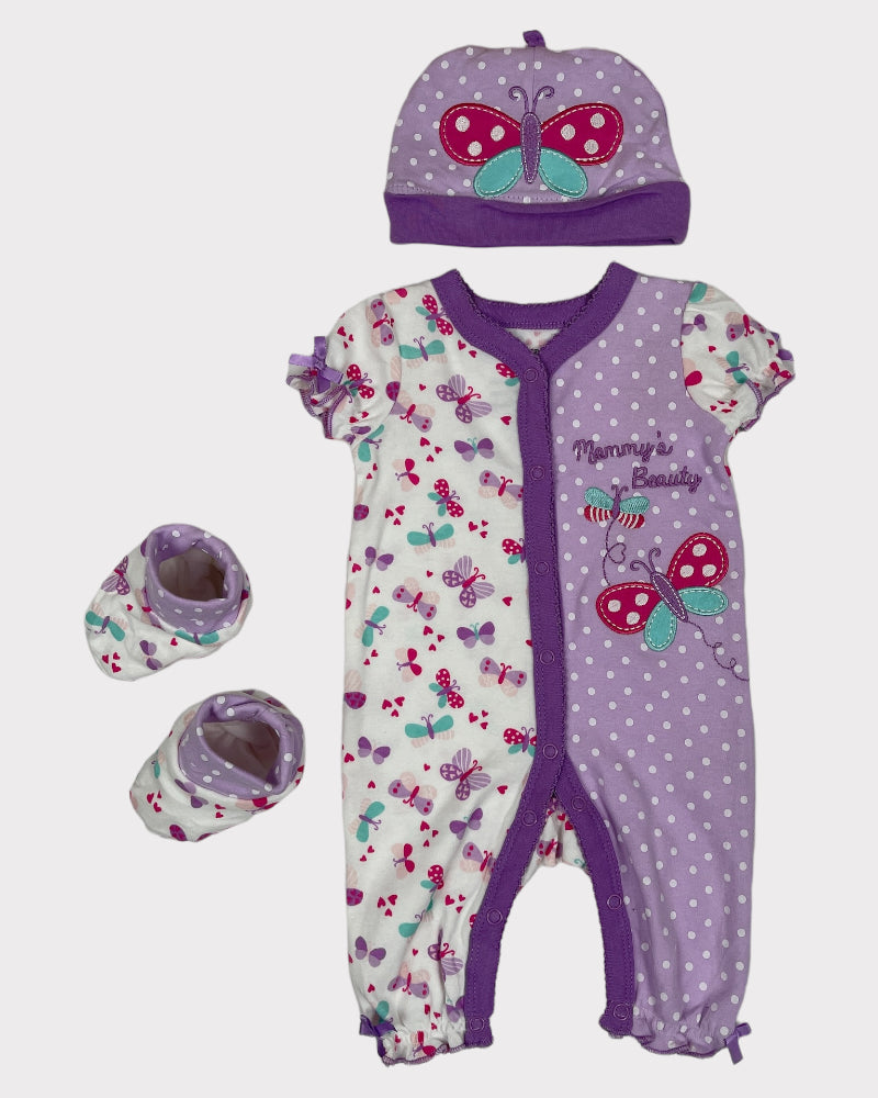 Buster Brown Girls 3 Piece Set - Onesie, Hat, Booties (0-3M)