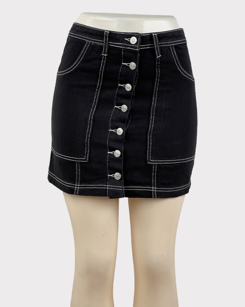 Ardene Black Button Denim Mini Skirt (27)