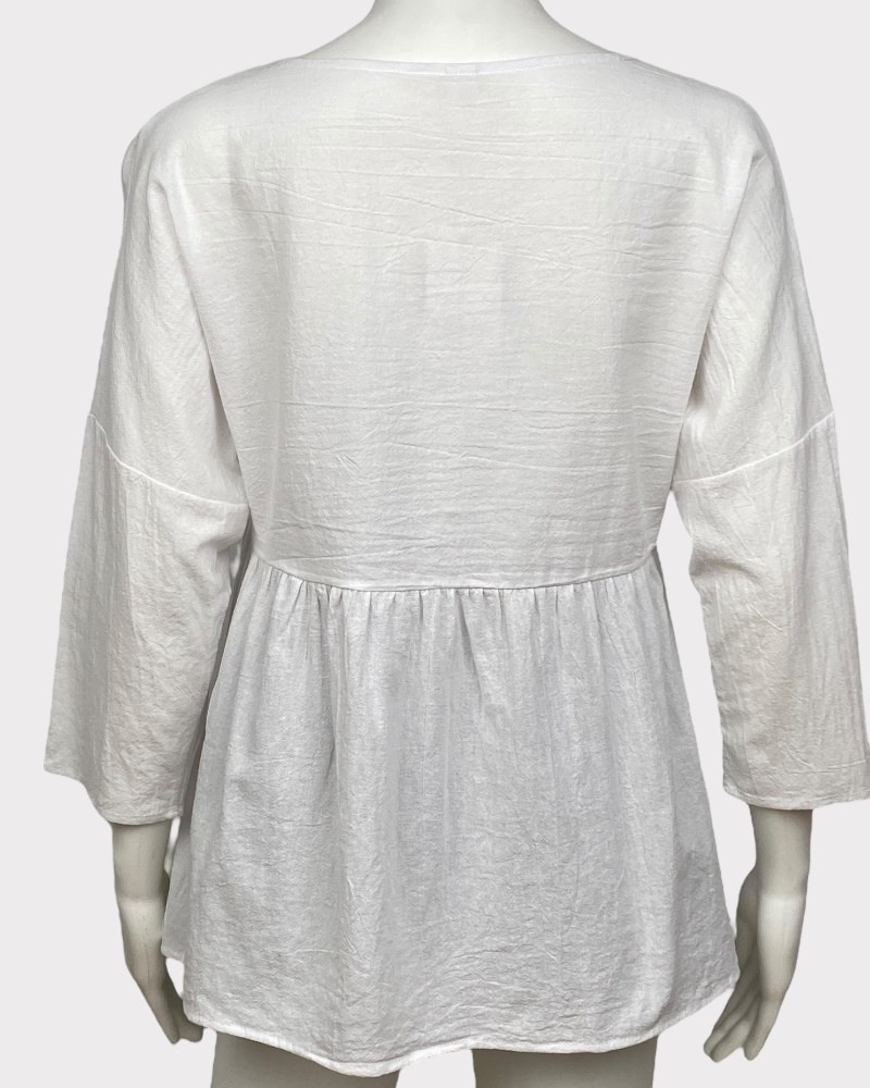 White Plain Flower Print Blouse (S)