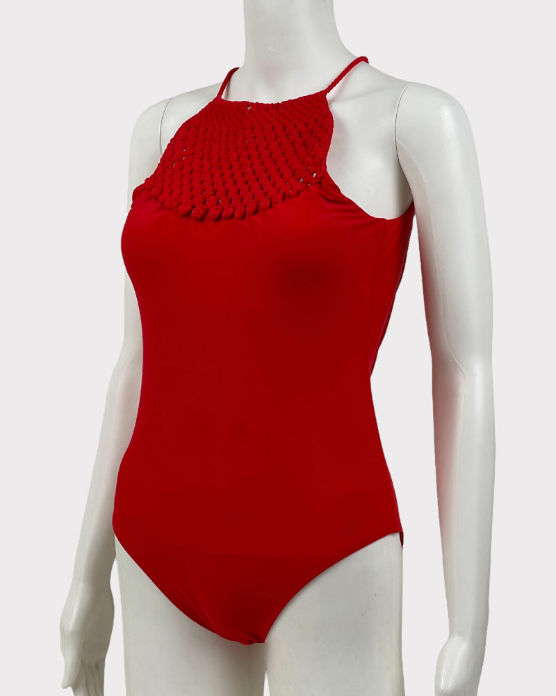 Aerie Red Crochet Detail Backless One Piece Swimsuit (M)