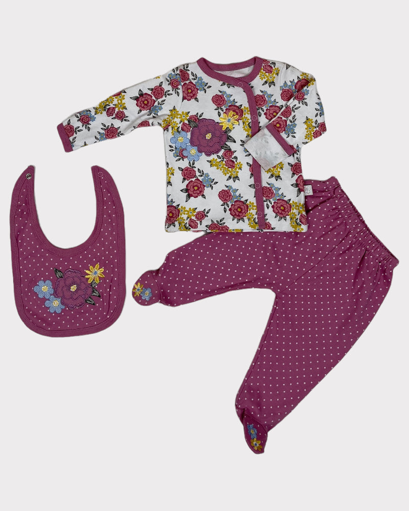 Duck Duck Goose Girls 3 Piece Set - Shirt, Footed Pants, Bib (0-3M)