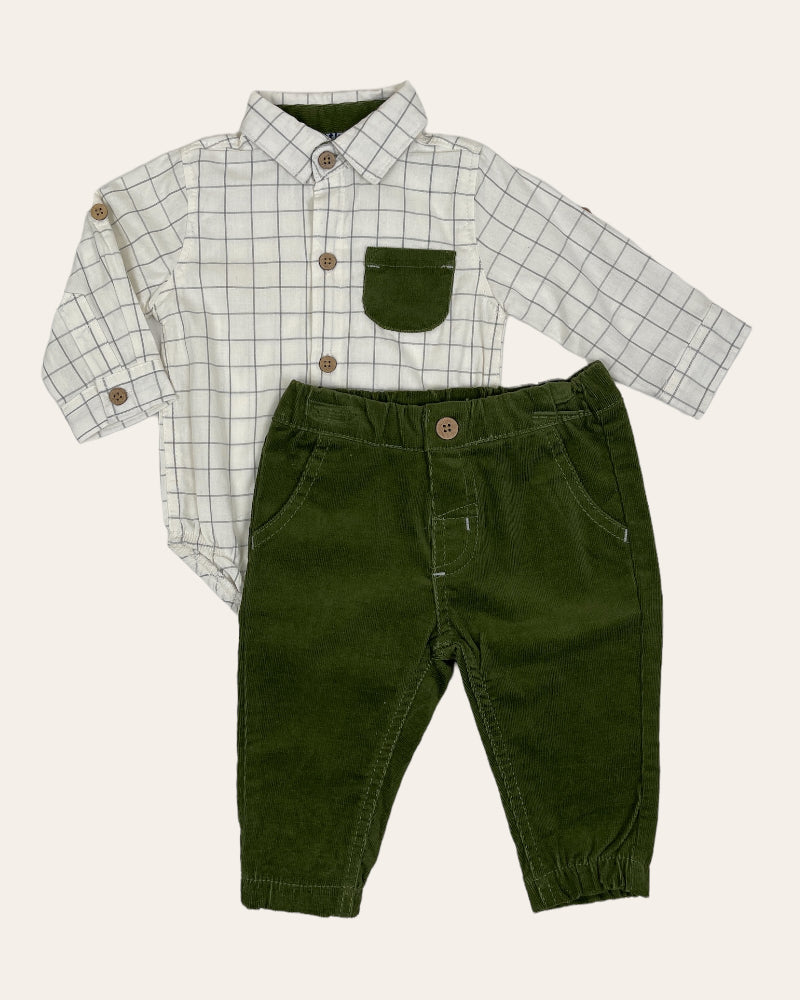 Little Lad Boys 2 Piece Set - Check Shirt Onesie And Pants (3-6M)