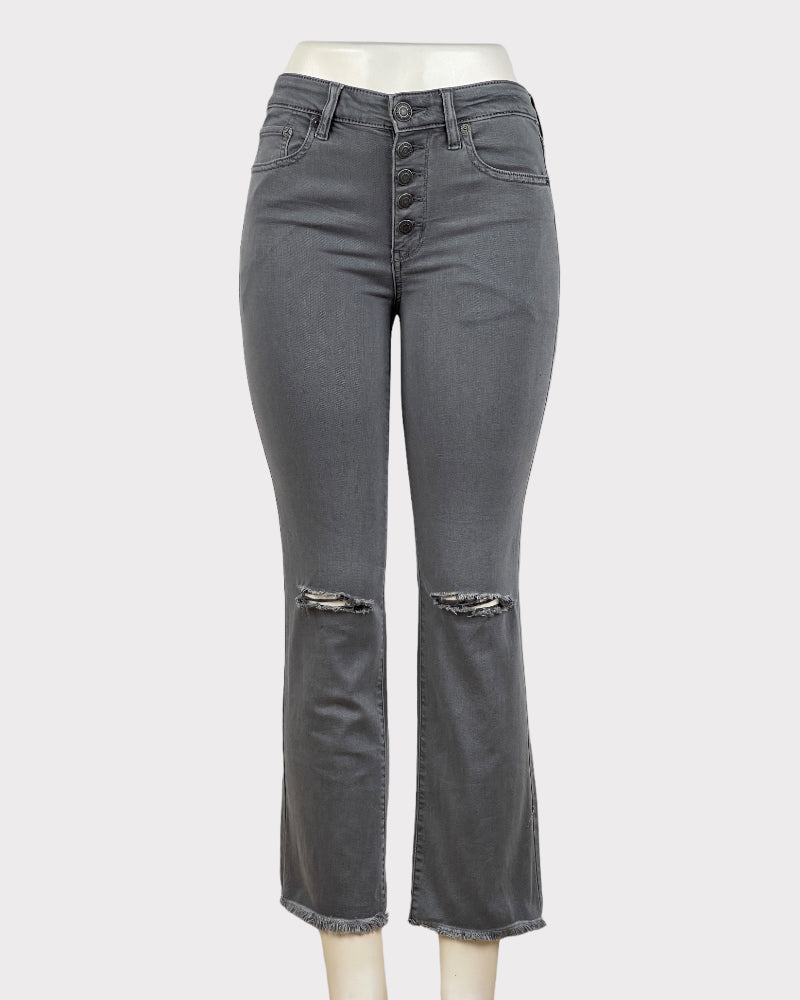 American Eagle Grey High-Rise Crop Flare Ripped Jeans (W26)