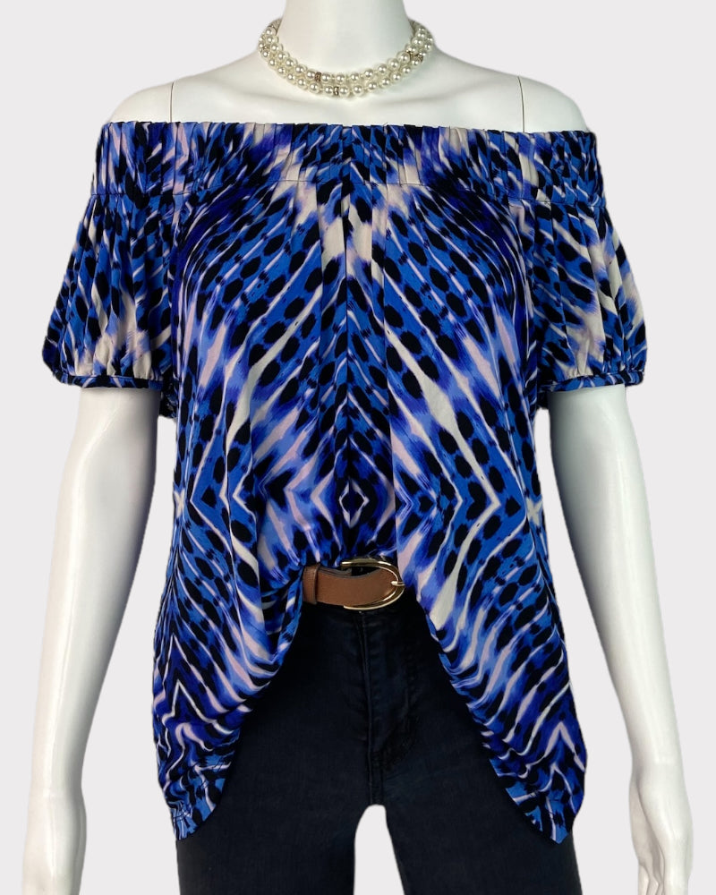 Style and Co Short-Sleeve Blue Off-Shoulder Printed Top (M)