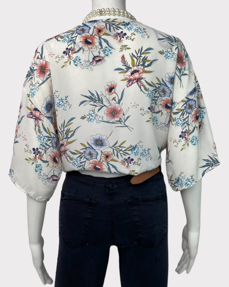 Forever 21 White Wrap-Front Floral Top (S)