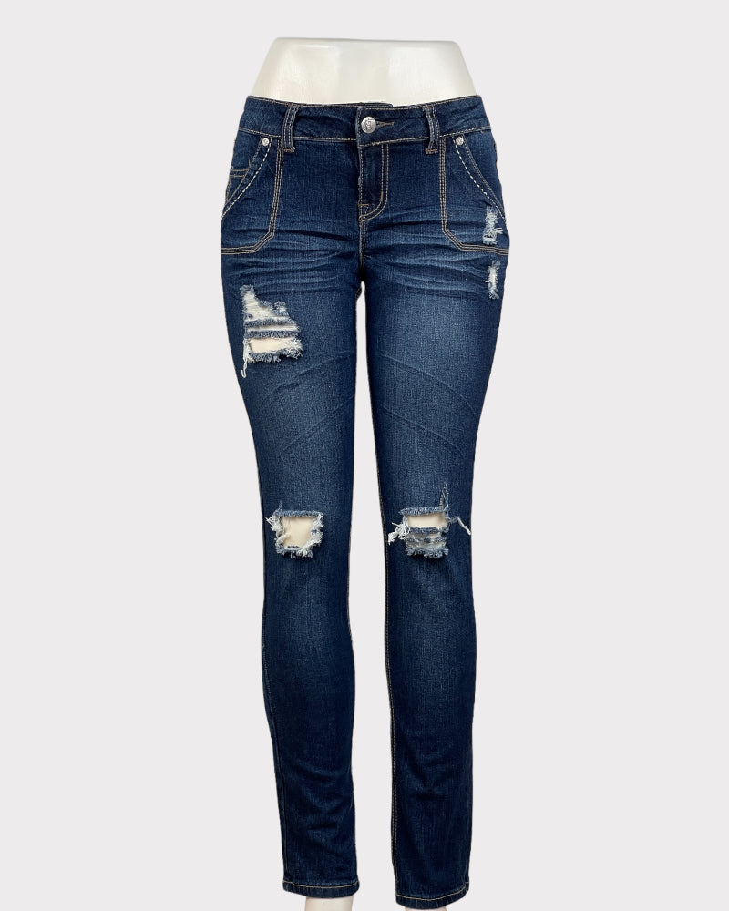 Twentyone Black Dark-Wash Blue Ripped Skinny Jeans (W31)