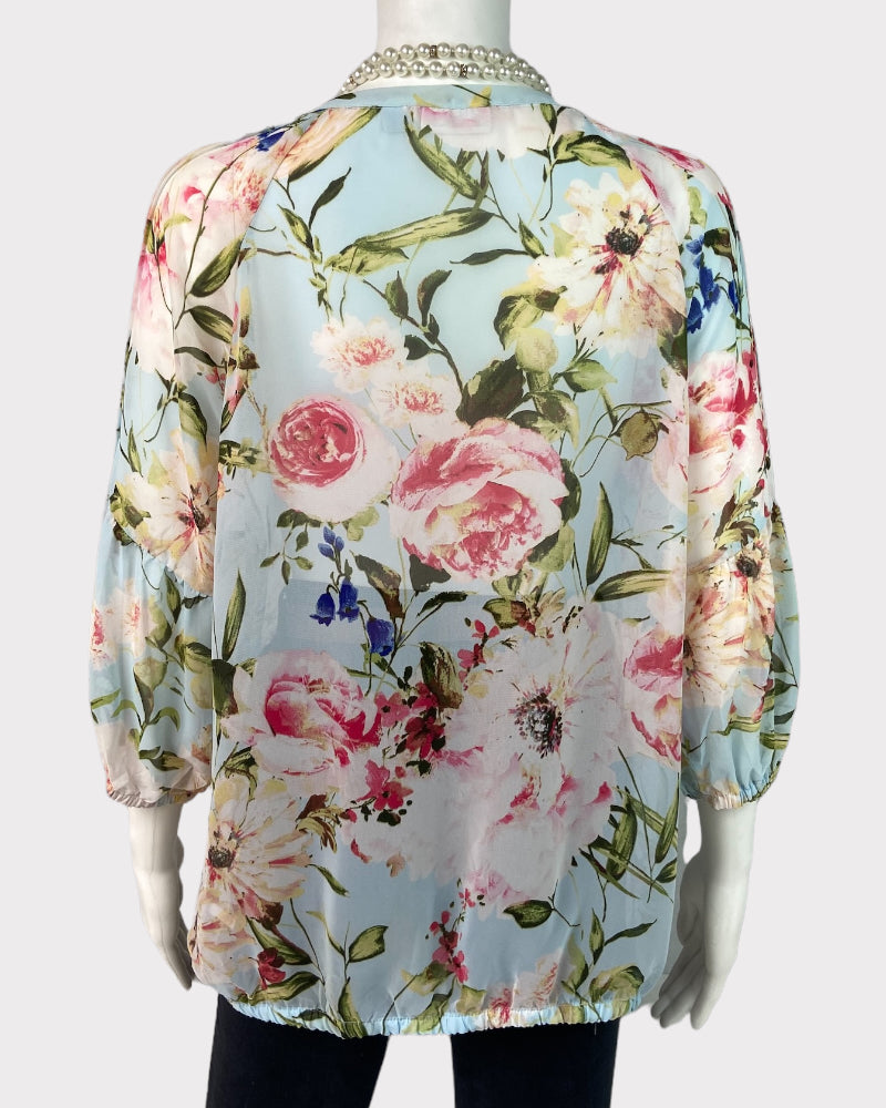 New York and Company Three-Quarter Sleeve Floral Sheer Blouse (M)