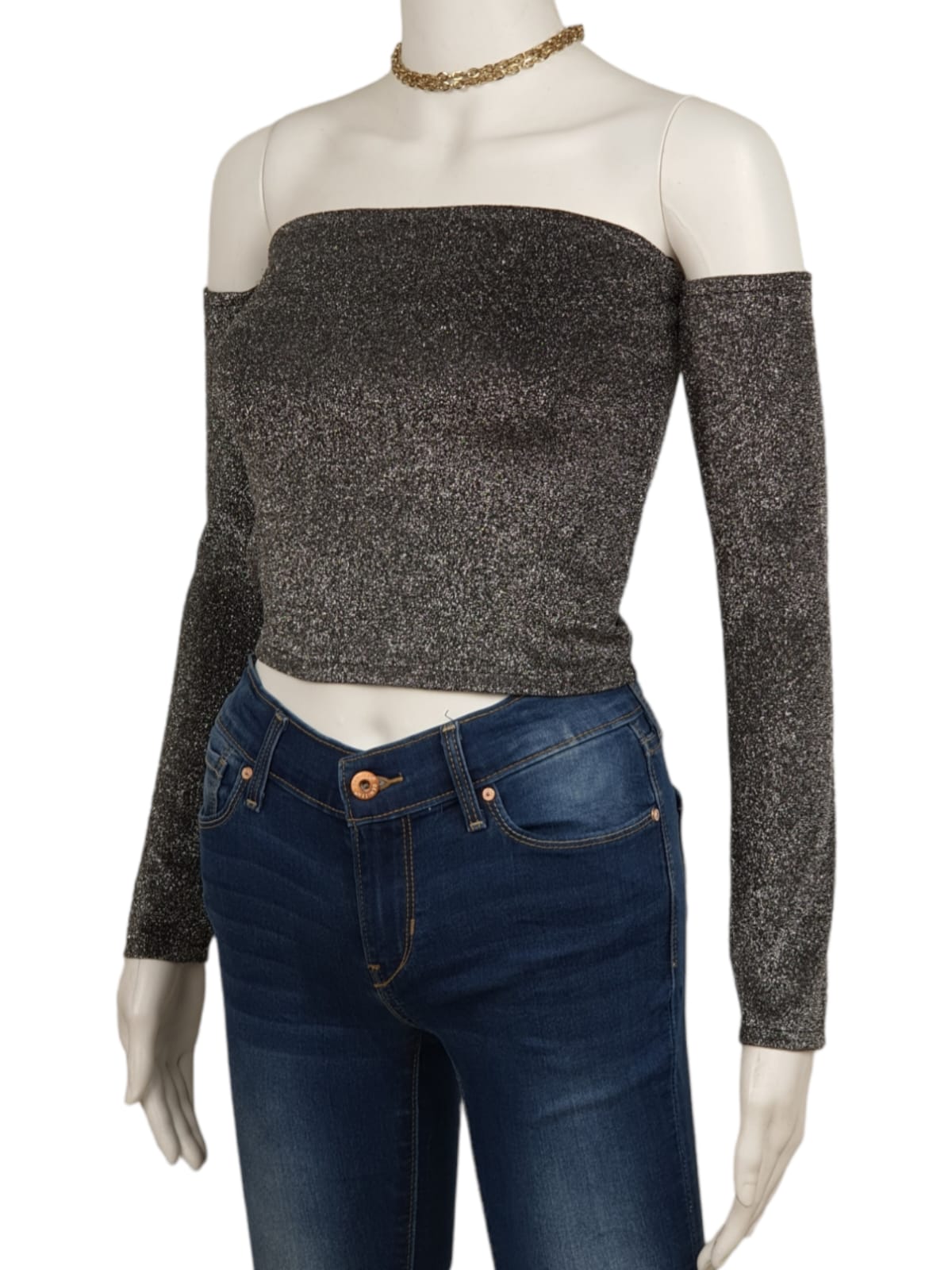 Forever 21 Women's Black and Silver Crop-top (M)