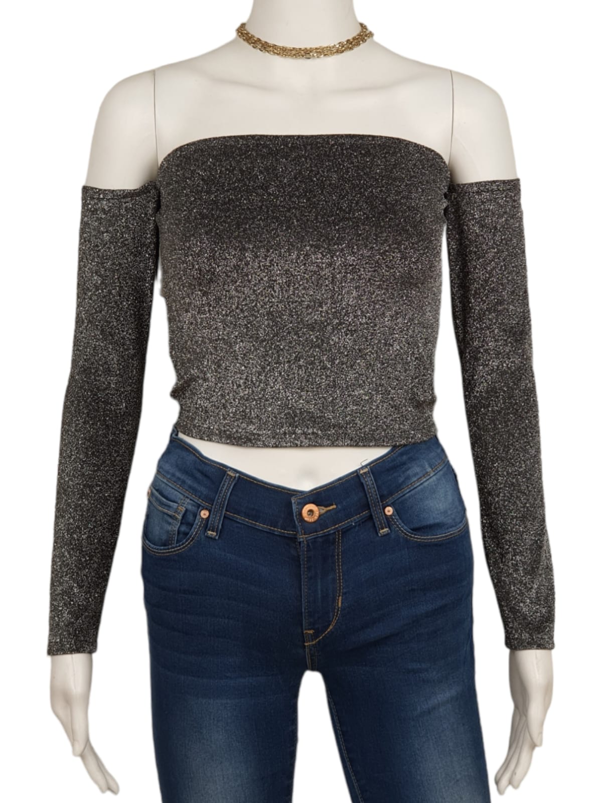 Forever 21 Women's Black and Silver Crop-top (M)