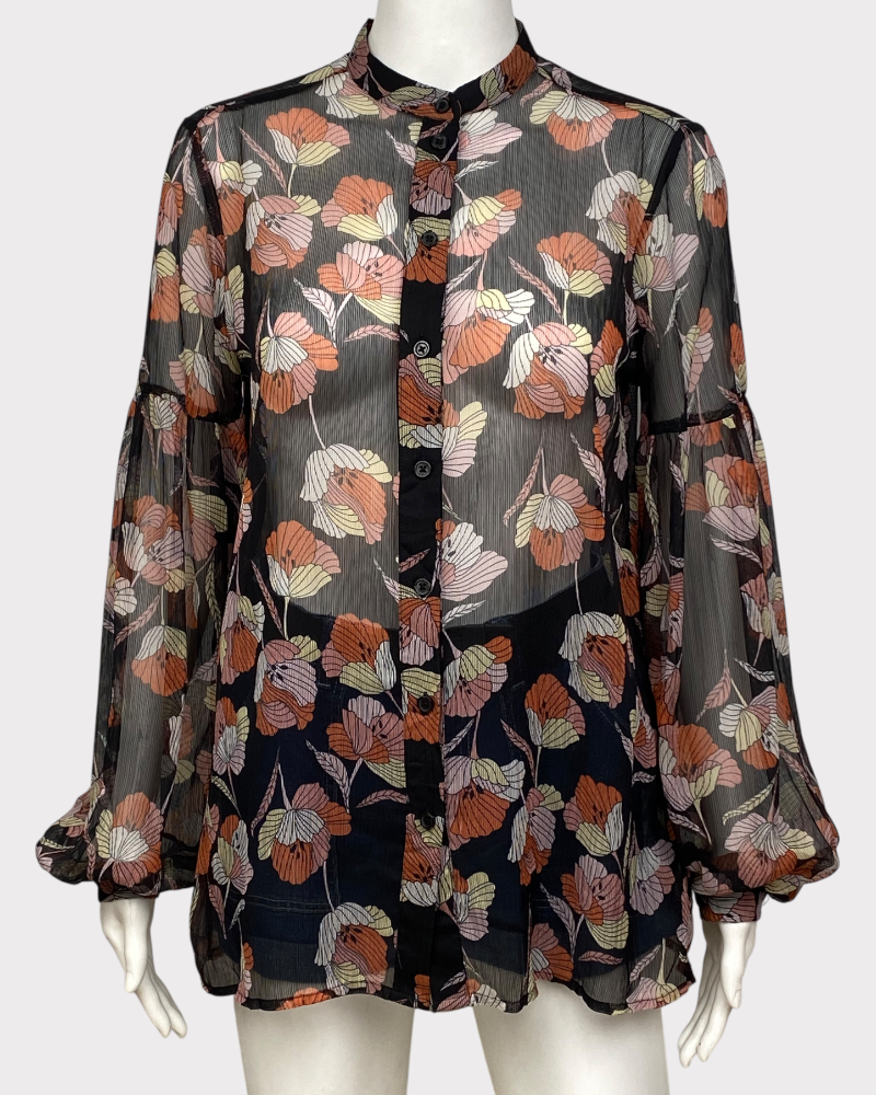 WHO WHAT WEAR black flower print blouse ( S )