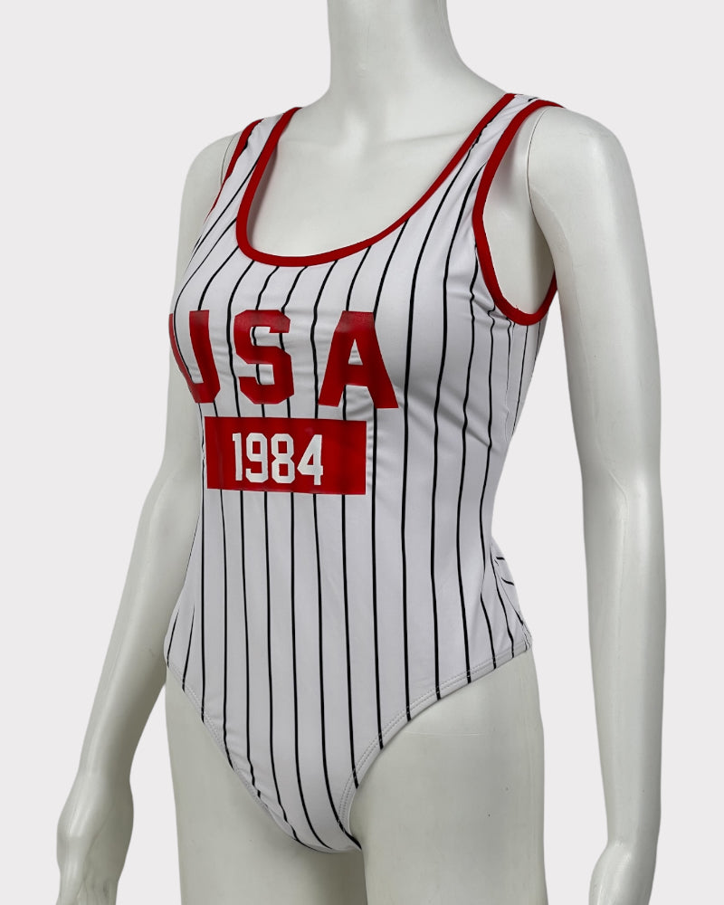 White Striped USA 1984 One Piece Swimsuit (M)