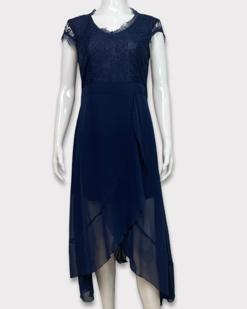 Generic Midnight Blue Lace Short Sleeves Maxi Dress (M)