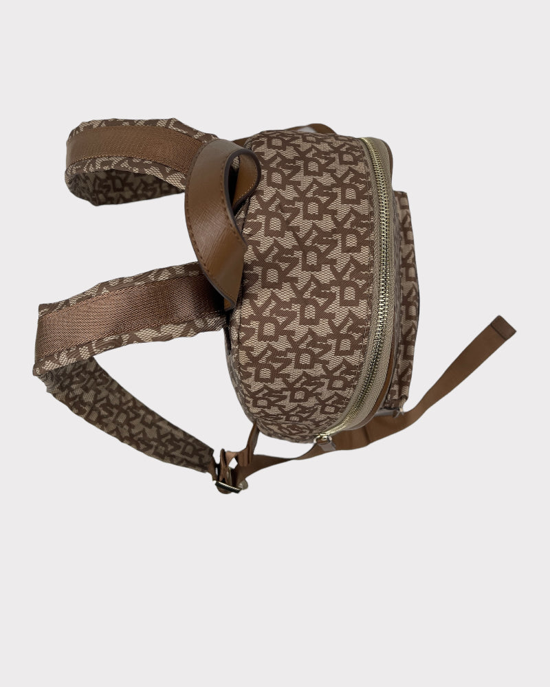 DKNY Brown And Beige Signature Print Backpack Bag