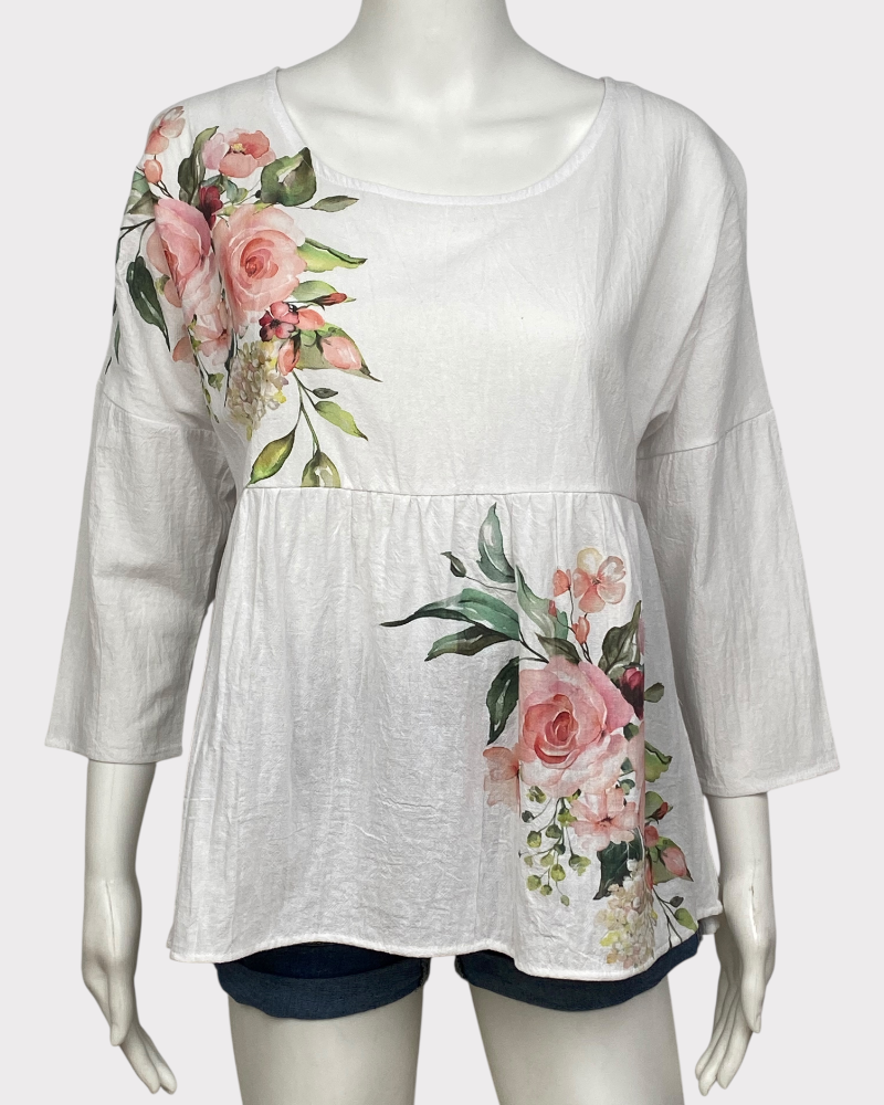 White Plain Flower Print Blouse (S)
