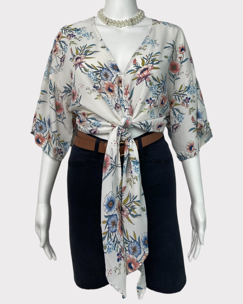 Forever 21 White Wrap-Front Floral Top (S)