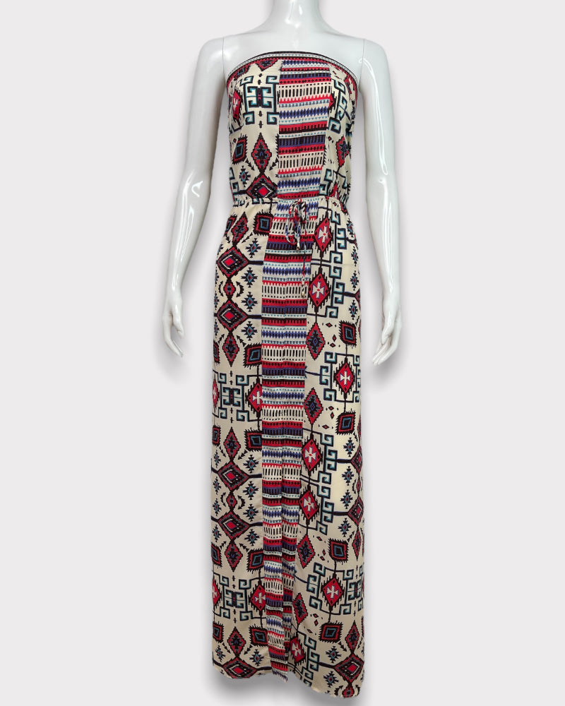 Xhilaration Cream Multi-Colored Print Strapless Maxi Dress (L)