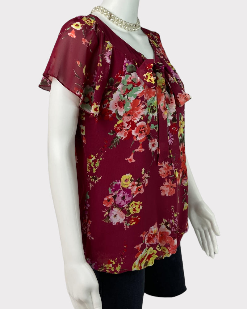 Sara Michelle Short-Sleeve Maroon Floral Top (S)