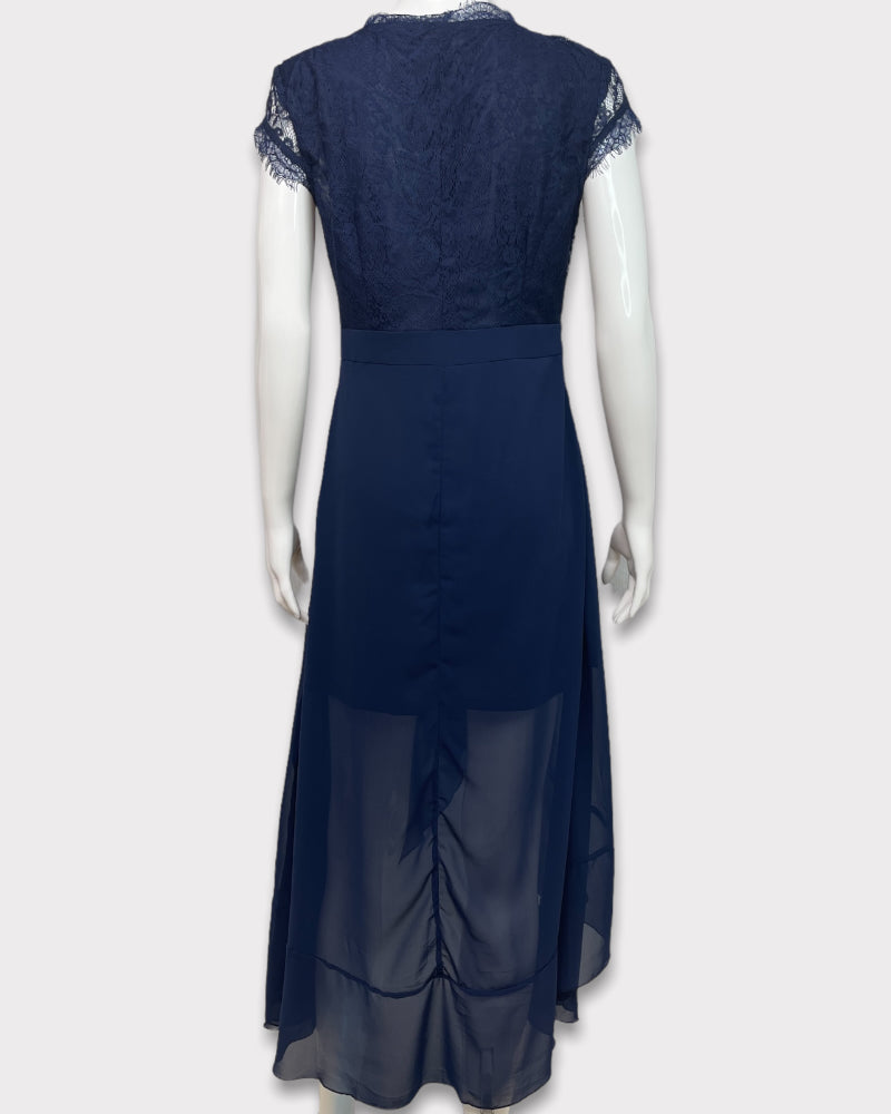 Generic Midnight Blue Lace Short Sleeves Maxi Dress (M)