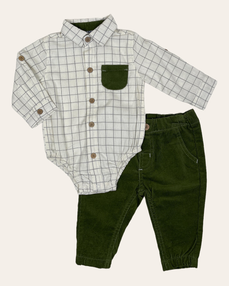 Little Lad Boys 2 Piece Set - Check Shirt Onesie And Pants (3-6M)