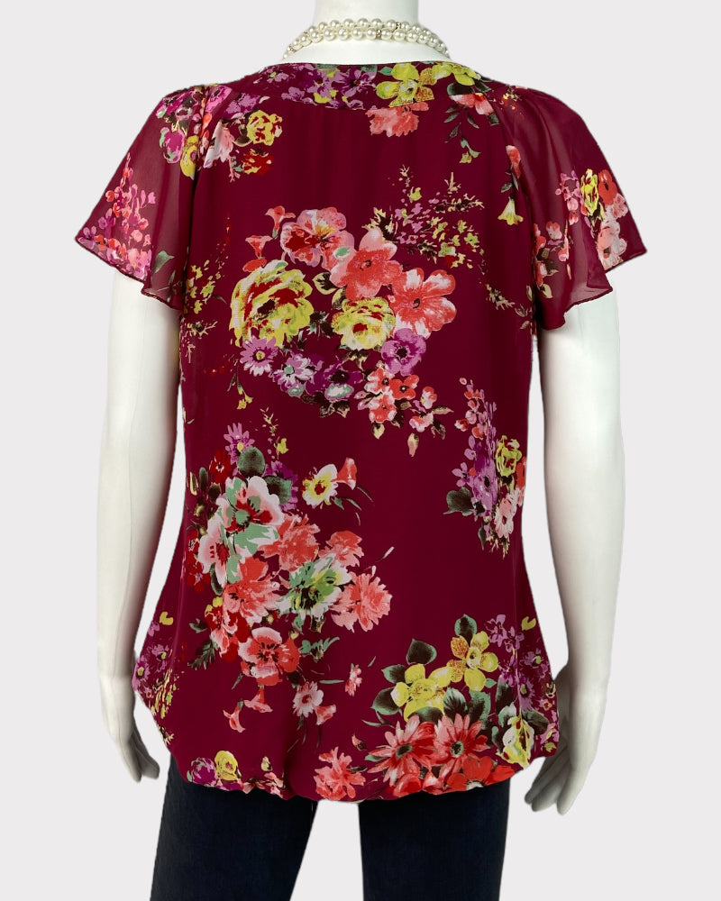 Sara Michelle Short-Sleeve Maroon Floral Top (S)