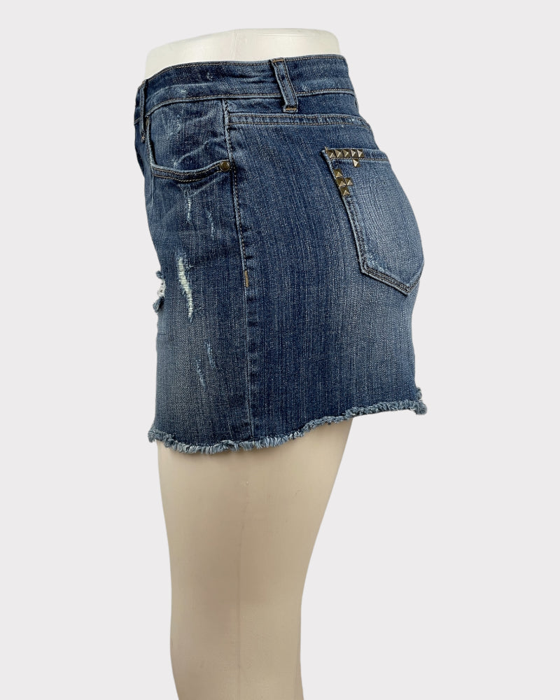 Lauren Conrad Dark-wash Blue Faded Distressed Denim Mini Skirt (W 31)