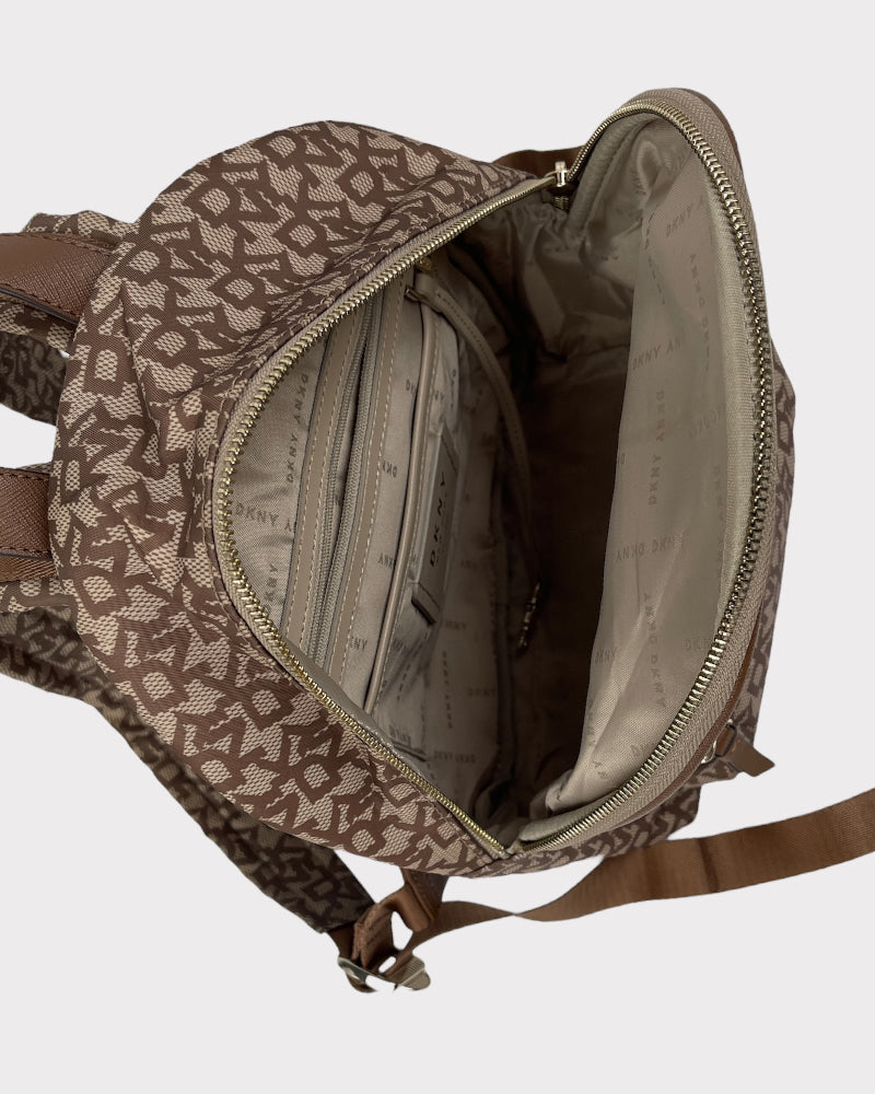 DKNY Brown And Beige Signature Print Backpack Bag