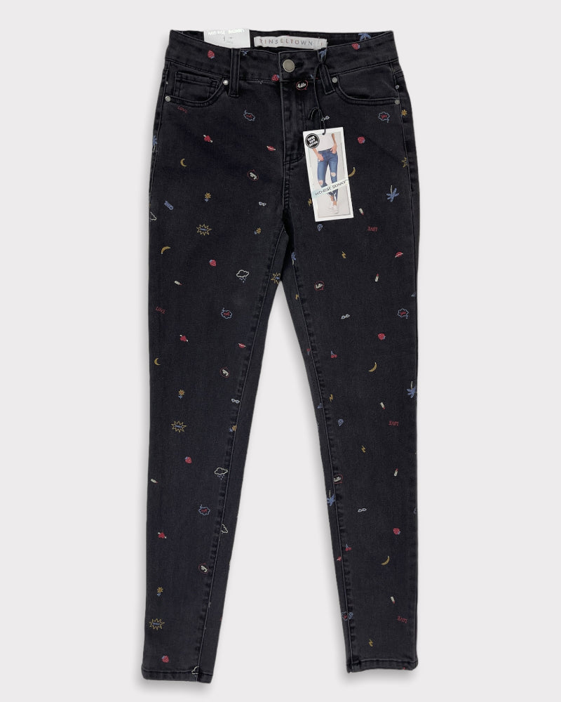 Tinseltown Black Sticker Design Midrise Skinny Jeans (W25)