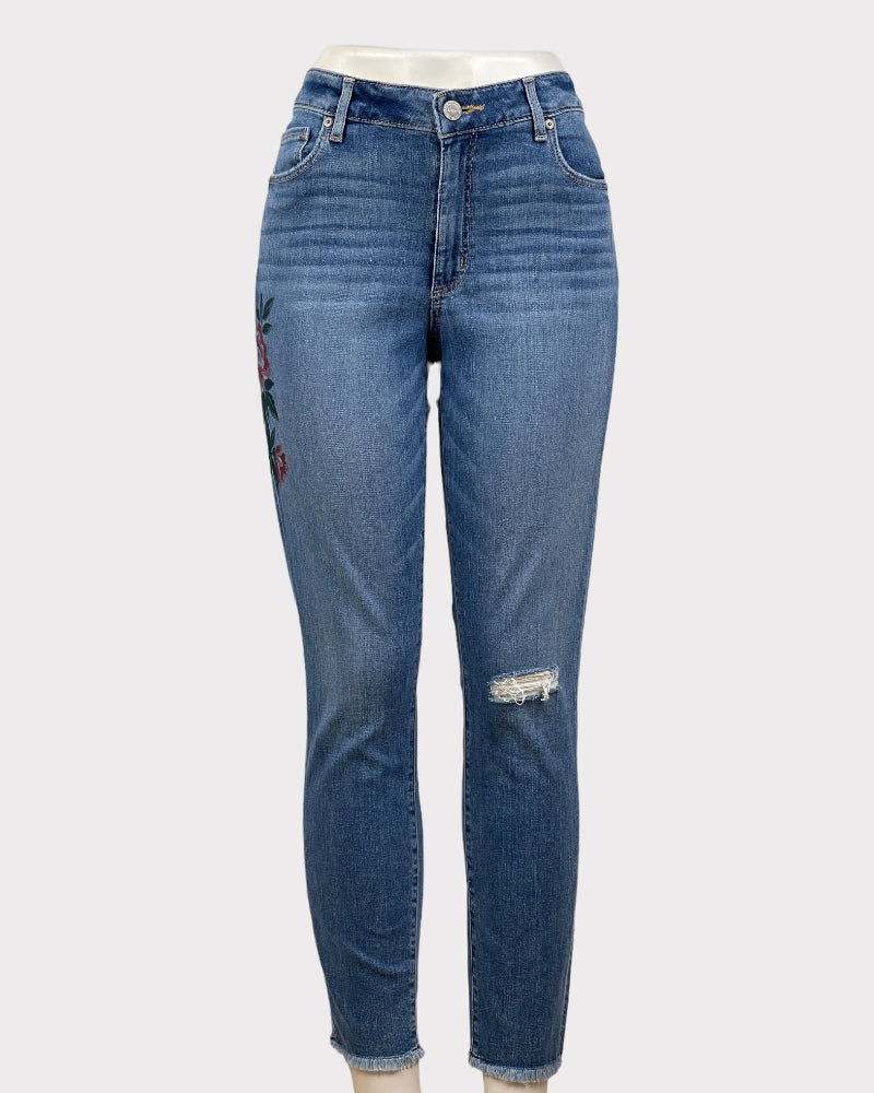 Loft Blue Curvy Skinny Jeans With Floral Detail (W32)