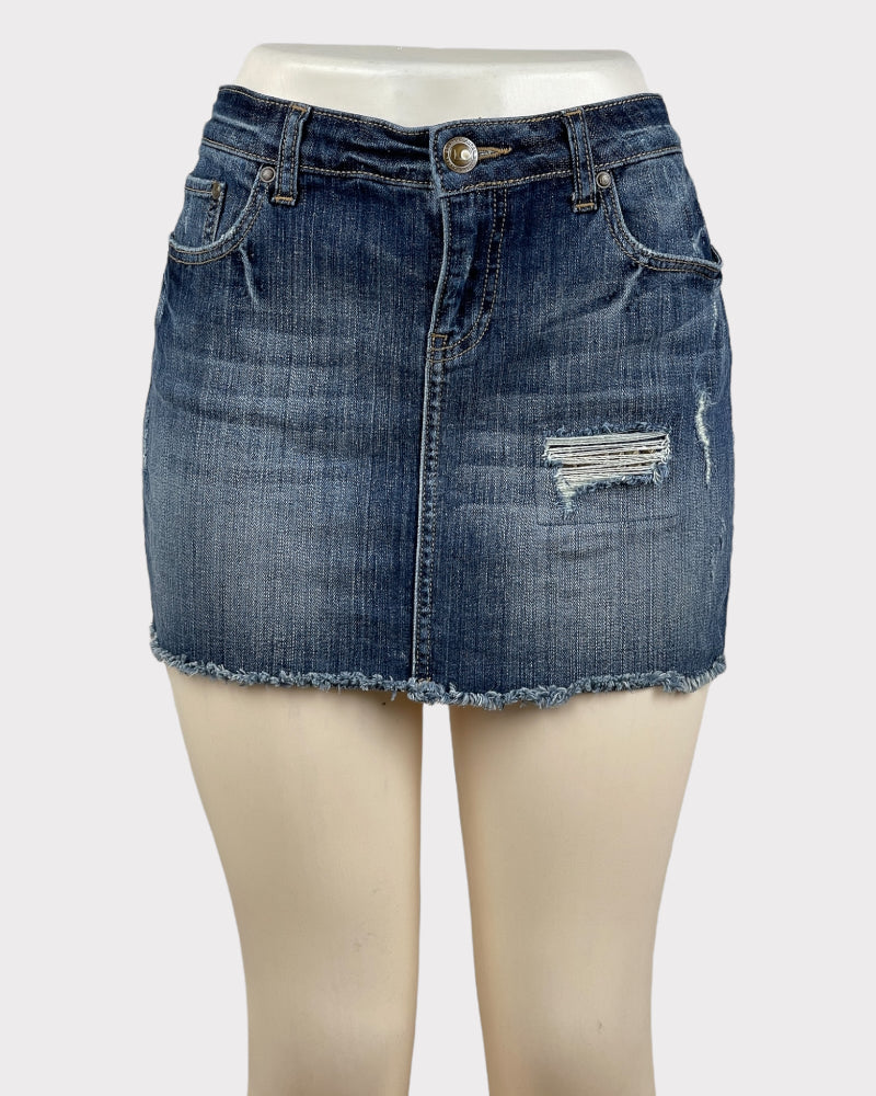 Lauren Conrad Dark-wash Blue Faded Distressed Denim Mini Skirt (W 31)