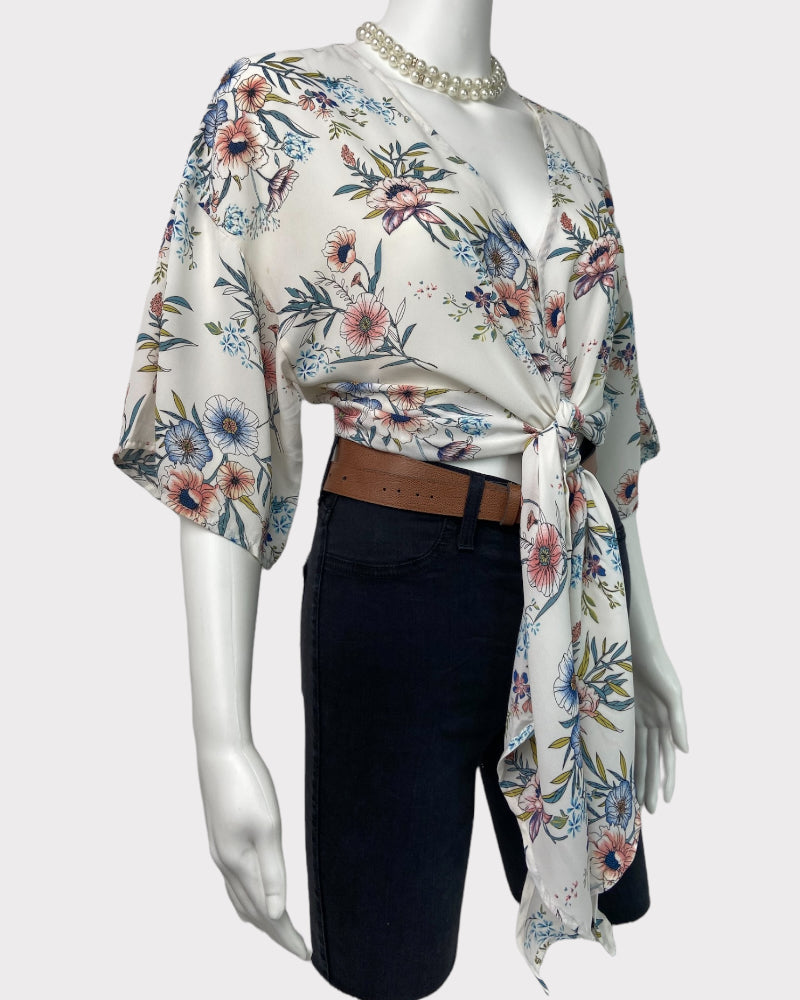 Forever 21 White Wrap-Front Floral Top (S)