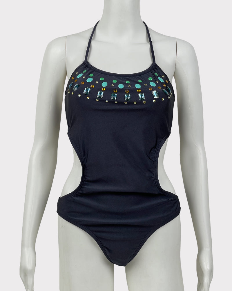 Xhilaration Blue Gem Stone Detail Backless Swimsuit (L)