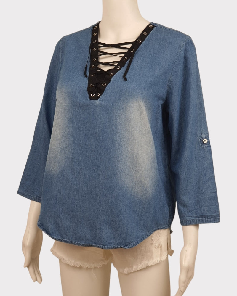 No Bounderies Ties Denim Blouse