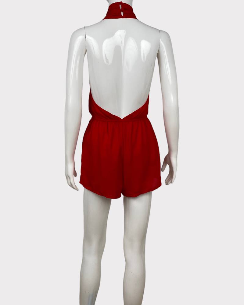 Super Down Red Plain Backless Romper (S)