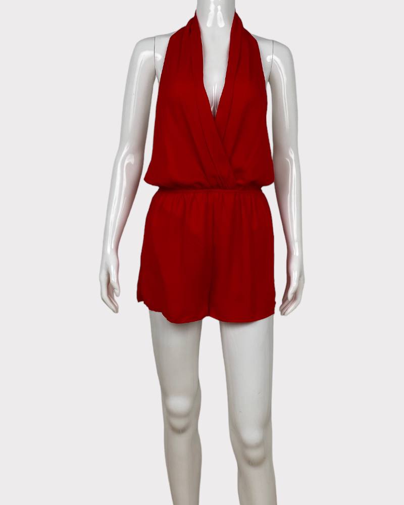 Super Down Red Plain Backless Romper (S)