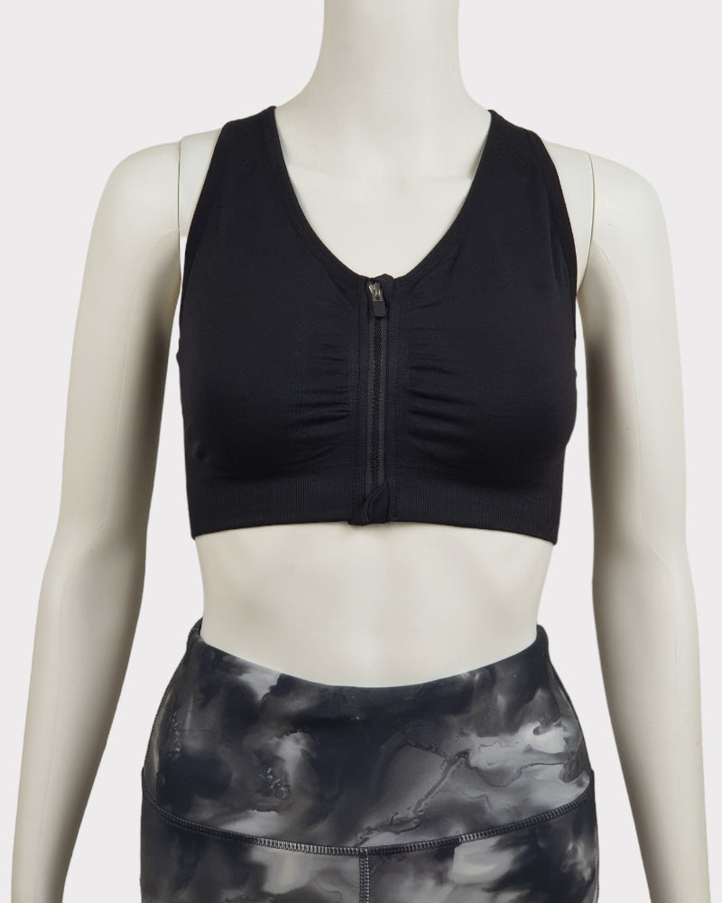 Black Plain Designed Zipper Sport Bra