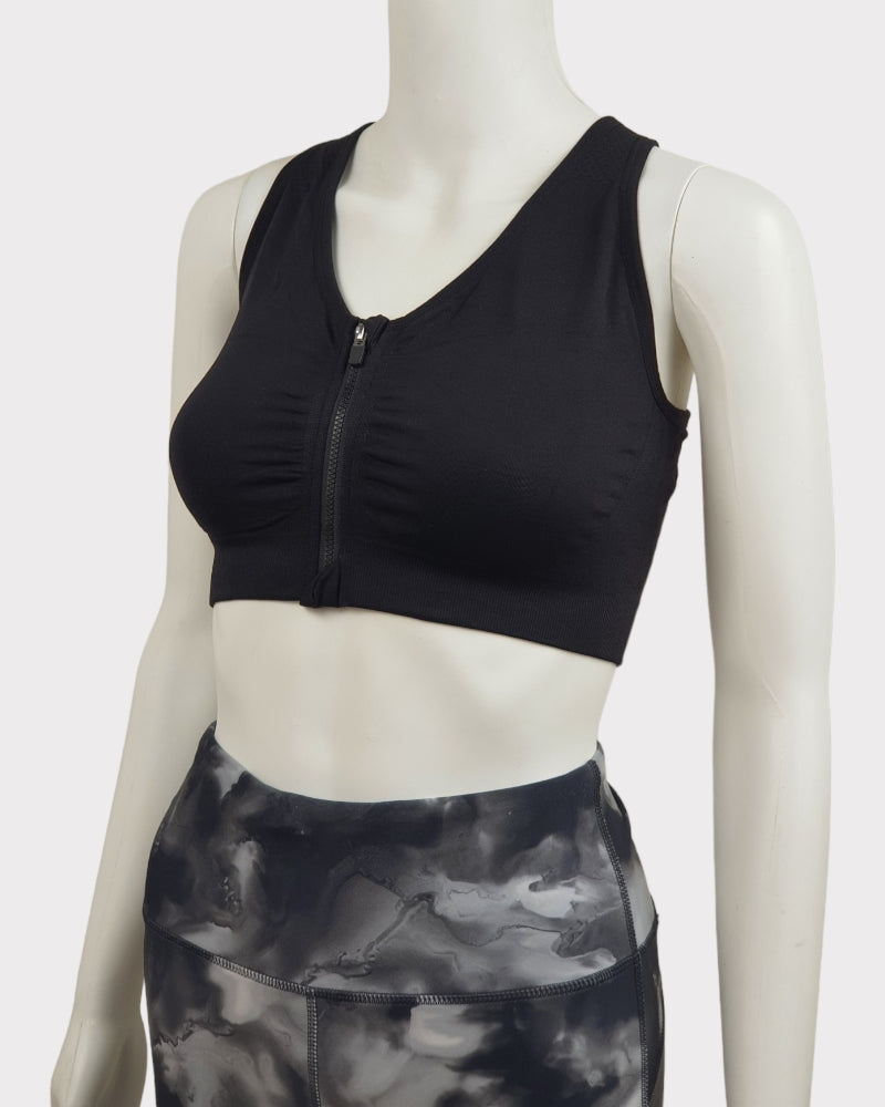 Black Plain Designed Zipper Sport Bra