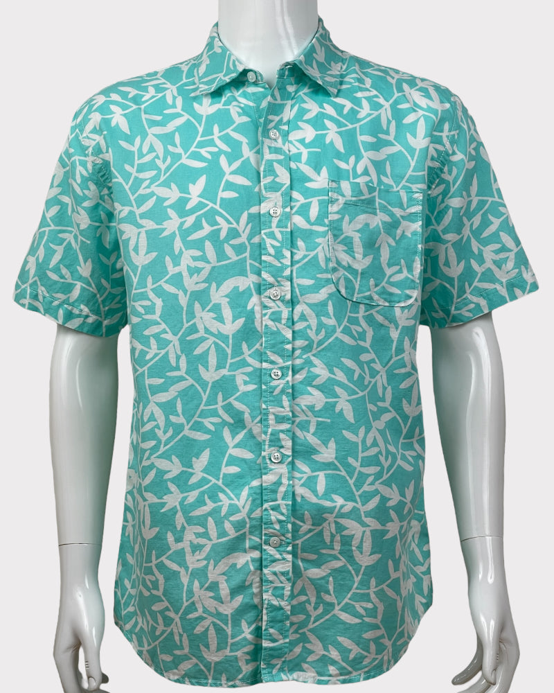 Amazon Essentials Turquoise And White Leaf Print Shirt (M)